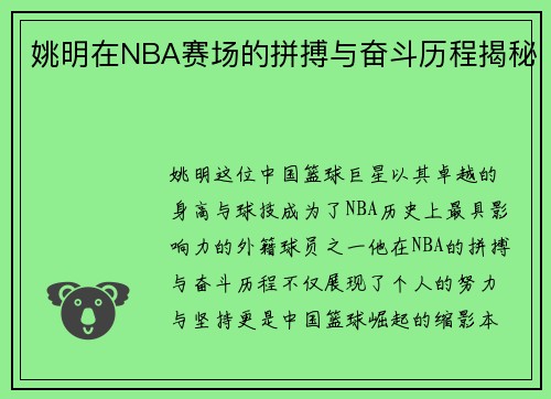 姚明在NBA赛场的拼搏与奋斗历程揭秘